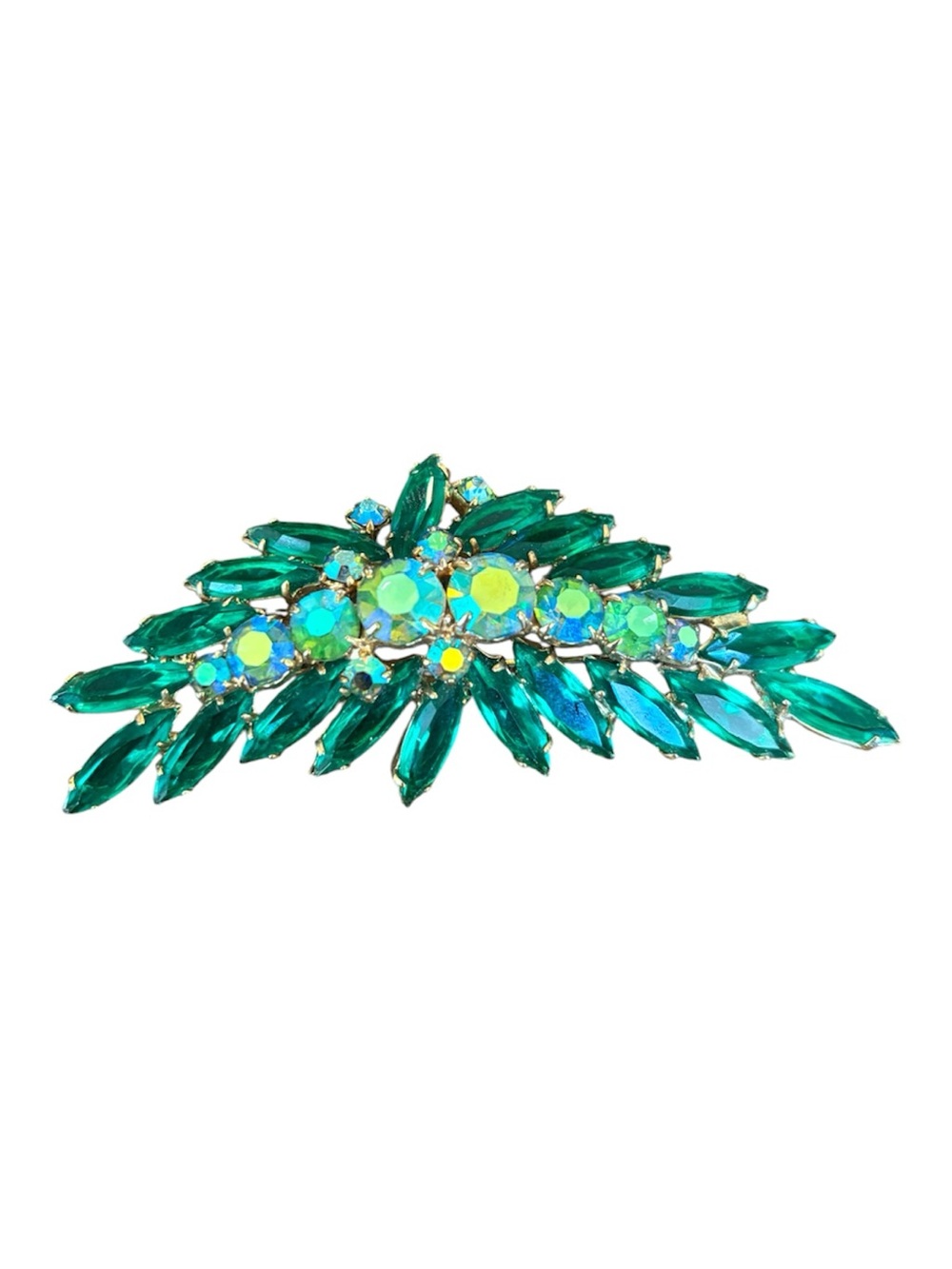 Vintage Mid-Century Emerald Green & Aurora Borealis Brooch
